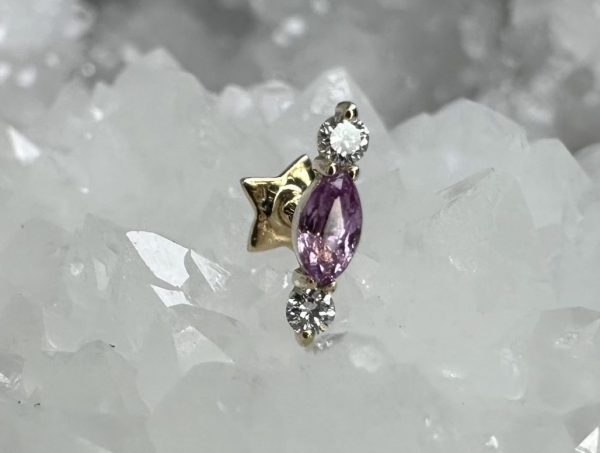 Tête de piercing pour stud (labret) en or 18 carats sertie d'une marquise en saphir rose naturel et de diamants créés en laboratoire